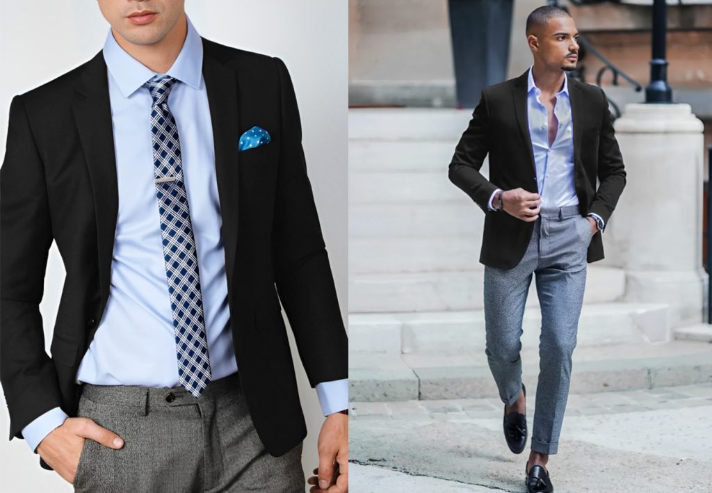 Black Blazer and Blue Shirt Combination