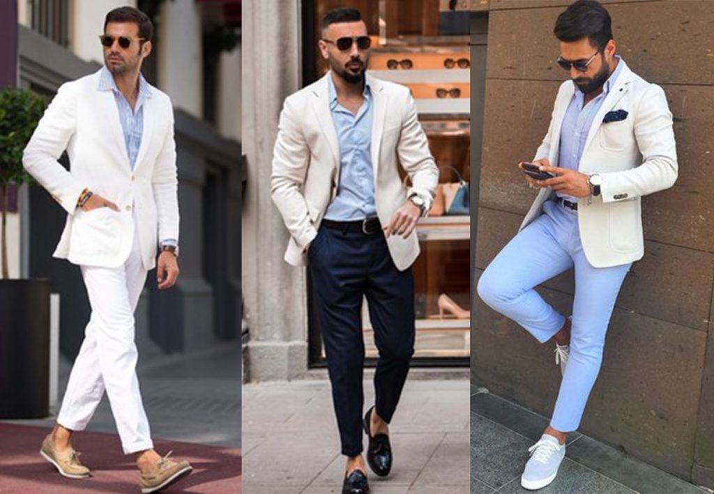 White Blazer Combination with Light Blue Shirt