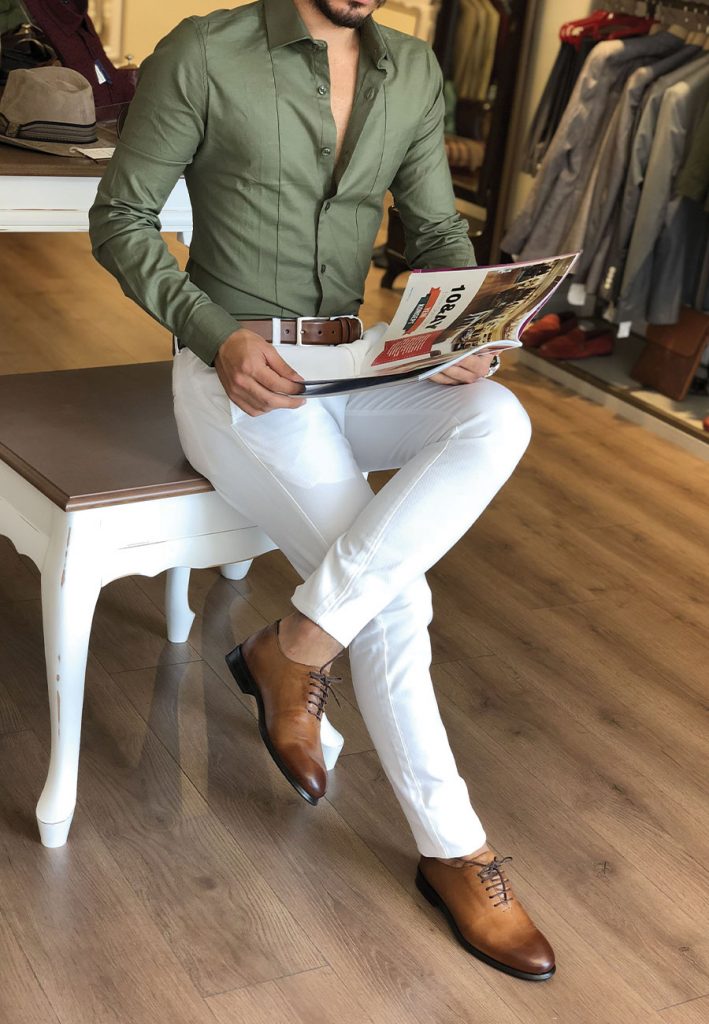 Light Green Shirt with White pant Combination
