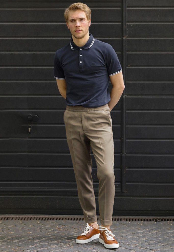 style brown pants with polo shirt