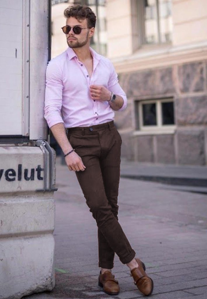 Best Brown Pant Outfit Idea with Pink Shirt Combination