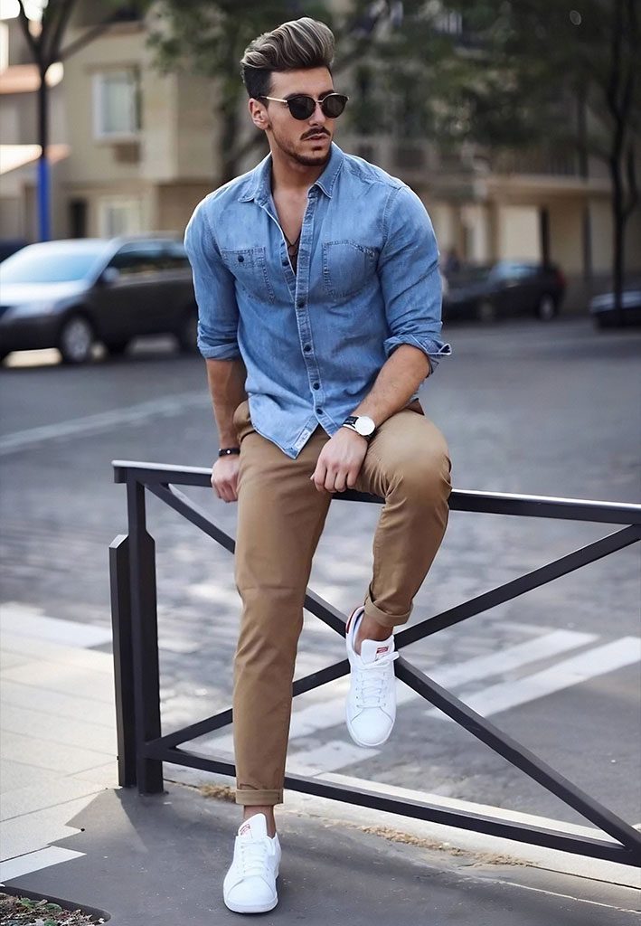 Brown Pant and Denim Shirt Combination 
