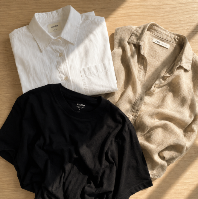 White cotton shirt beige linen shirt and black oversized tee summer fabric