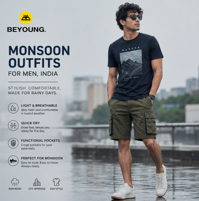 monsoon outfits for men India printed tee and cargo shorts rainy season look