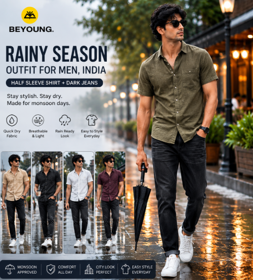 rainy season outfit men India dark jeans half sleeve casual shirt monsoon look