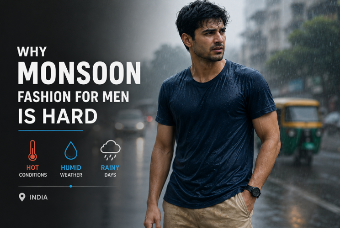 why monsoon fashion for men is hard hot humid rainy conditions India 