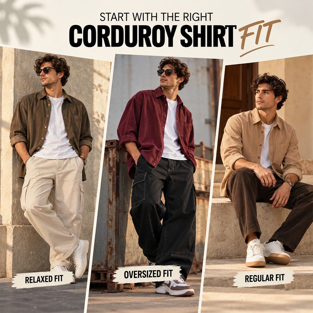 Beyoung men's corduroy shirts styled in relaxed, oversized and regular fits.