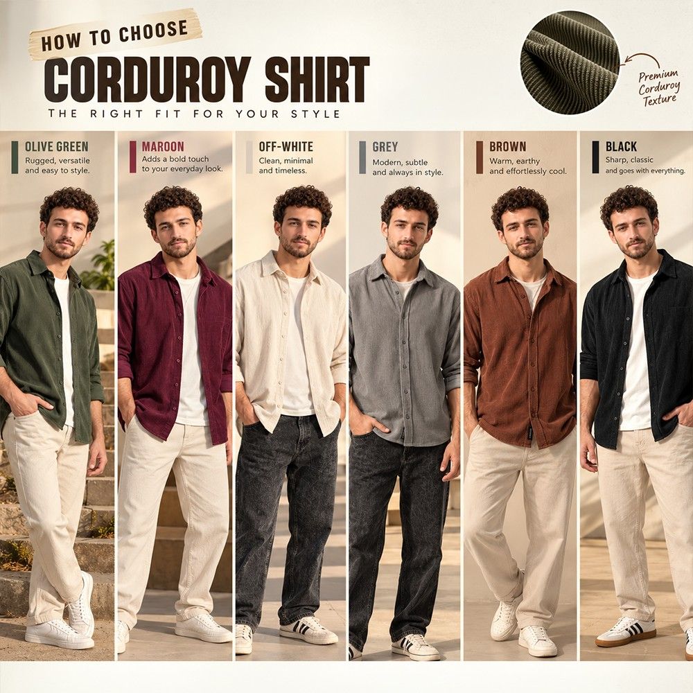Beyoung men's corduroy shirts in olive green, maroon, off-white, grey, brown and black