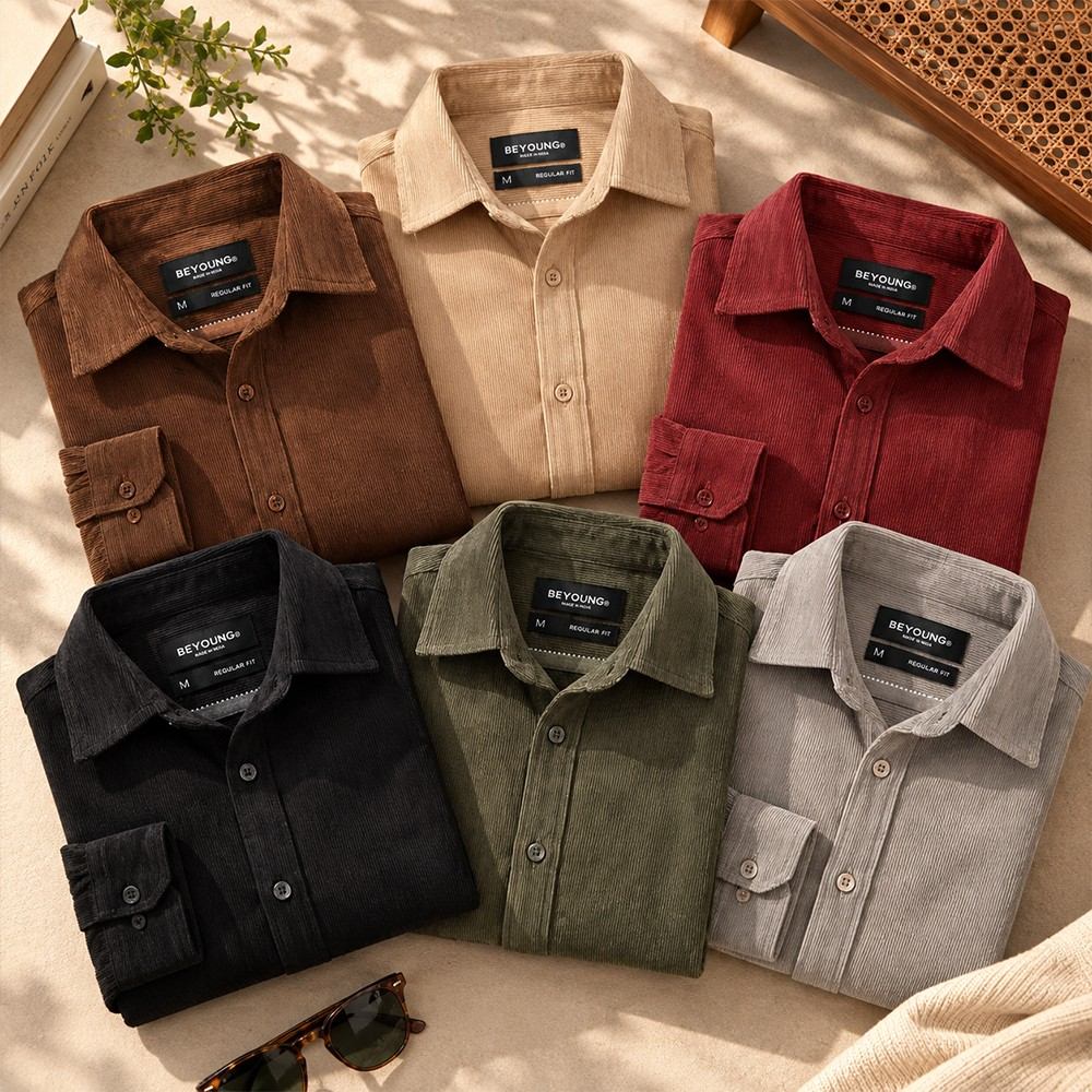 Beyoung men's corduroy shirts in brown, beige, maroon, black, olive green and grey.